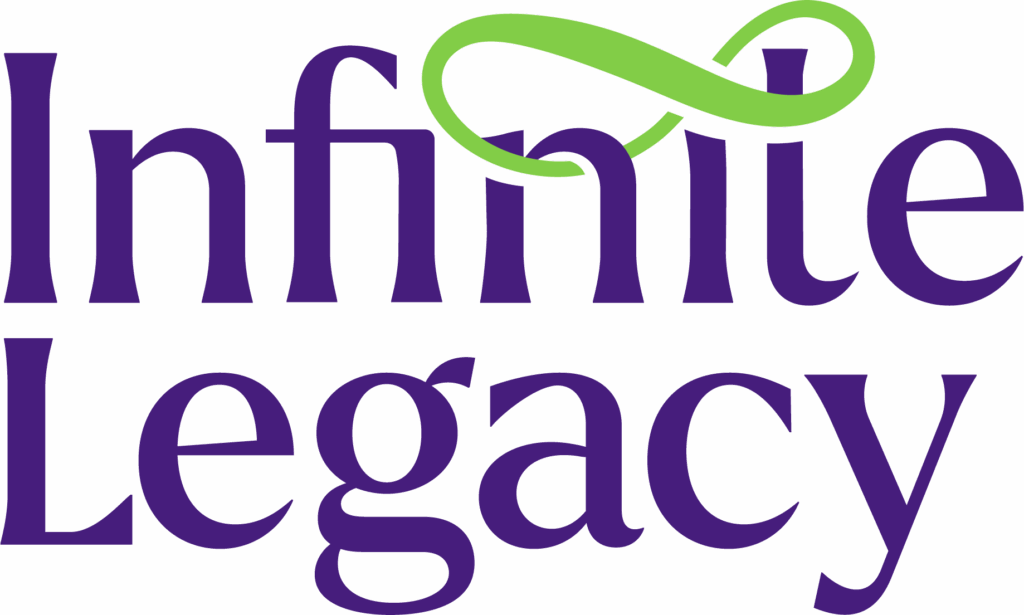 Infinite Legacy logo filled with the colors purple and green.