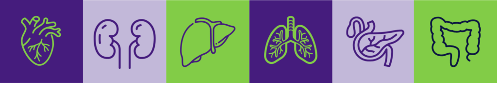 Graphics include a heart, a set of lungs, a liver, kidneys, a pancreas, and an intestine.