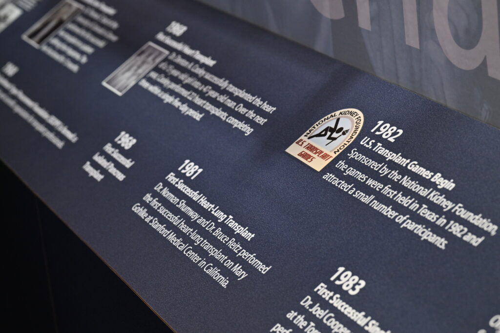 Infinite Legacy's wall of donation and transplantation history.