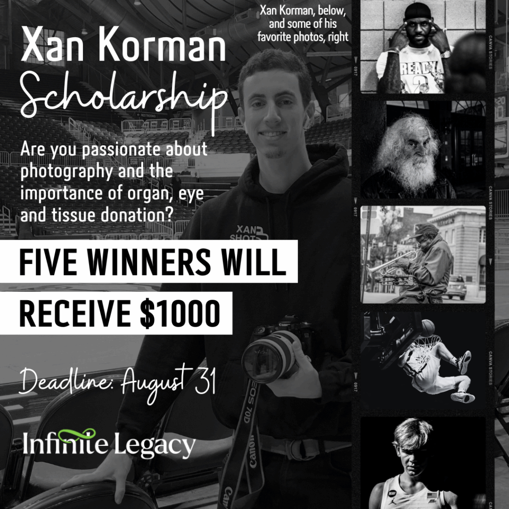 The Xan Korman Scholarship flyer includes an image of Xan and the images he captured of basketball players.