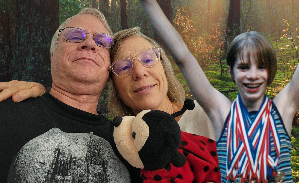 On the left, Ken and Susan Adams hold Kimberly's ladybug stuffed animal and on the right, Kimberly wears her gymnastics medals.