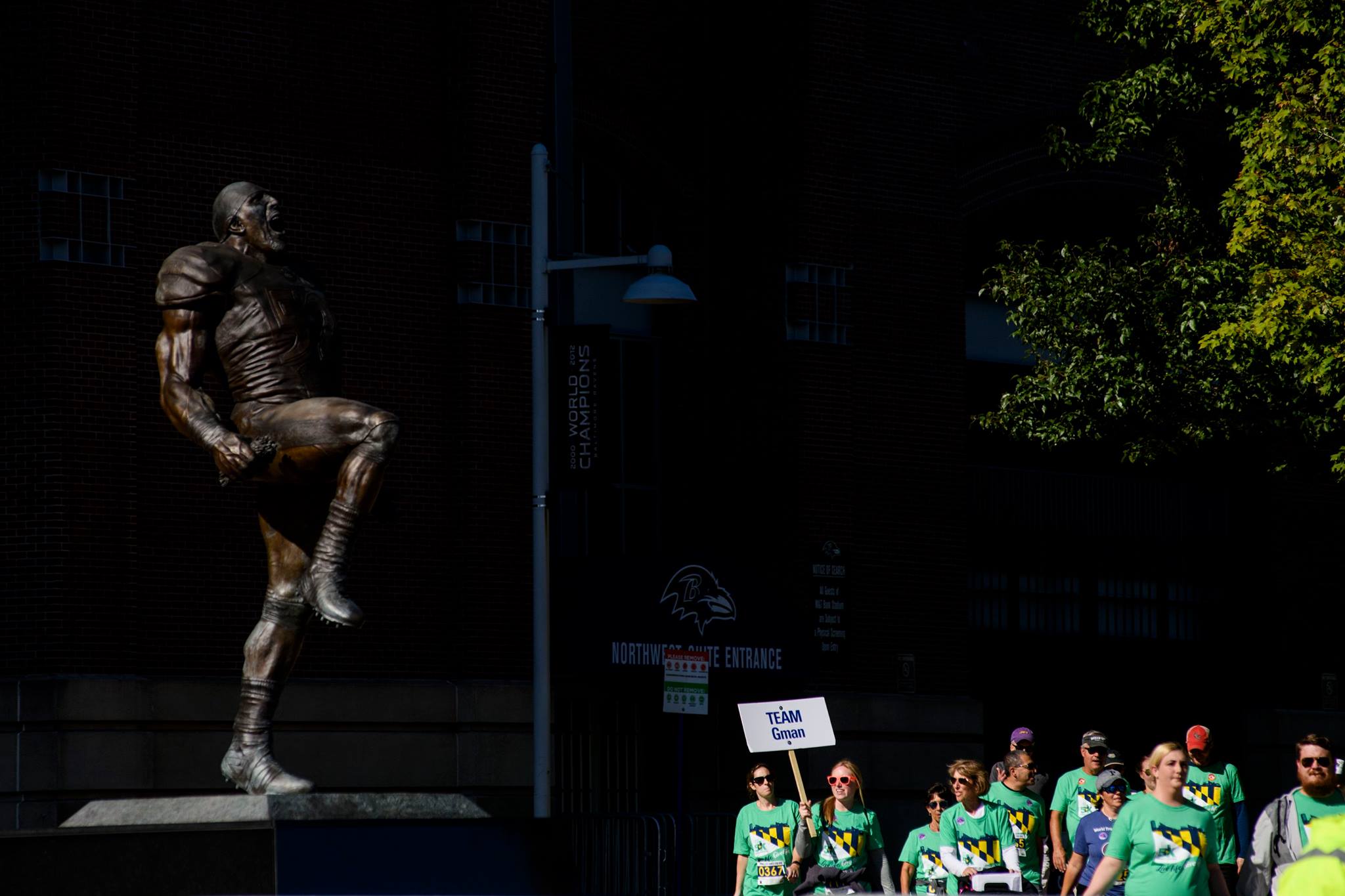 Teams at the Annual Infinite Legacy Donate Life Family Fun Run pass the Ray Lewis statue at M&T Bank Stadium.