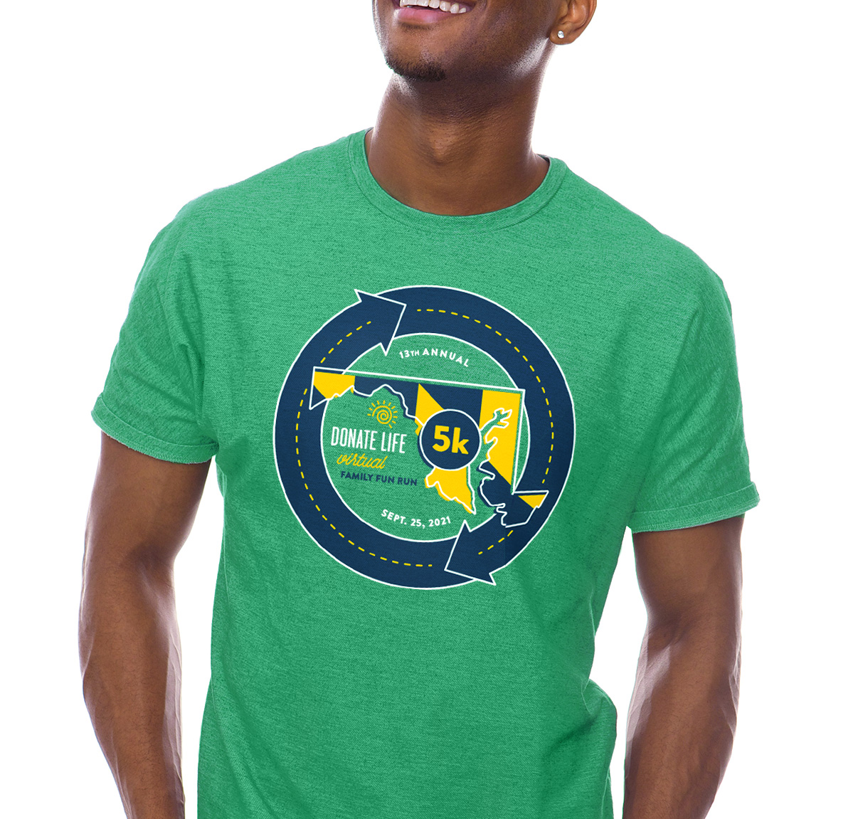 Man wears the Annual Donate Life Virtual Family Fun Run t shirt.