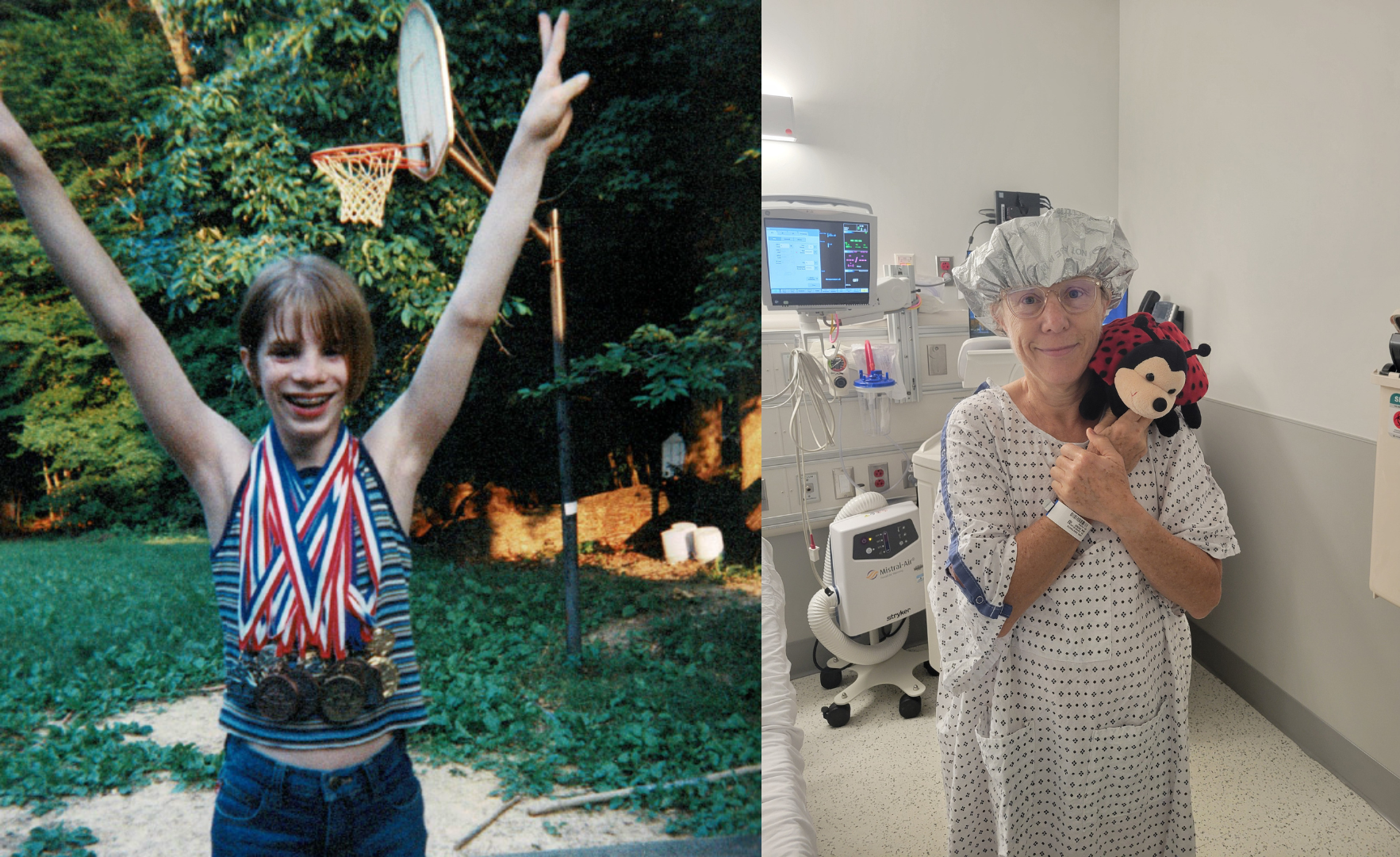 Side by side photo of Kimberly wearing her gymnastic medals and Susan in the hospital preparing to donate one of her kidneys, holding Kimberly's ladybug stuffed animal.