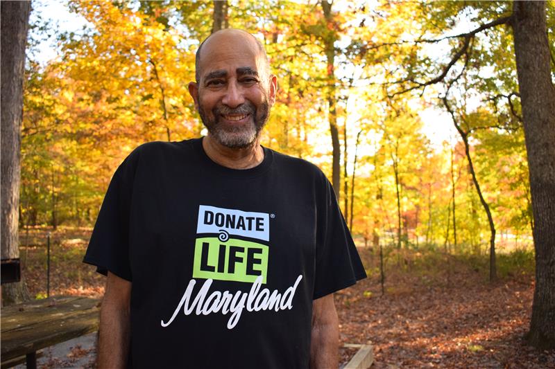George Franklin celebrates 50 years with his kidney transplant and is wearing a Donate Life Maryland T-shirt.