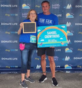 Stacy Nygaard, Sam's right lung recipient and Dave Crowthers at the 2025 Donate Life Family Fun Run.