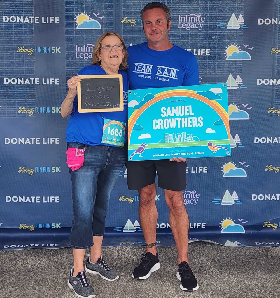 Stacy Nygaard, Sam's right lung recipient and Dave Crowthers at the 2025 Donate Life Family Fun Run.