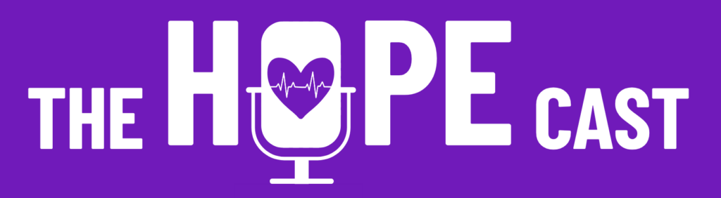 Podcast cover for 'The Hope Cast' with a white microphone graphic and a heart with a heartbeat inside on a purple background.