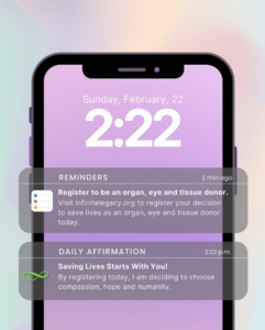 An iPhone banner notification encouraging others to register as an organ, eye and tissue donor.