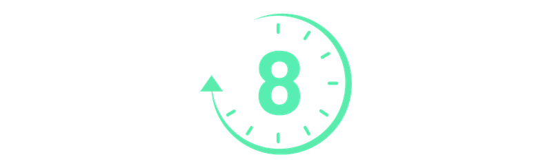 Rounded timer icon with the number 8, suggesting an 8-minute countdown