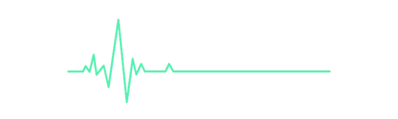 Turquoise electrocardiogram (EKG) heartbeat line on a black background, transitioning to a flat line at right edge.